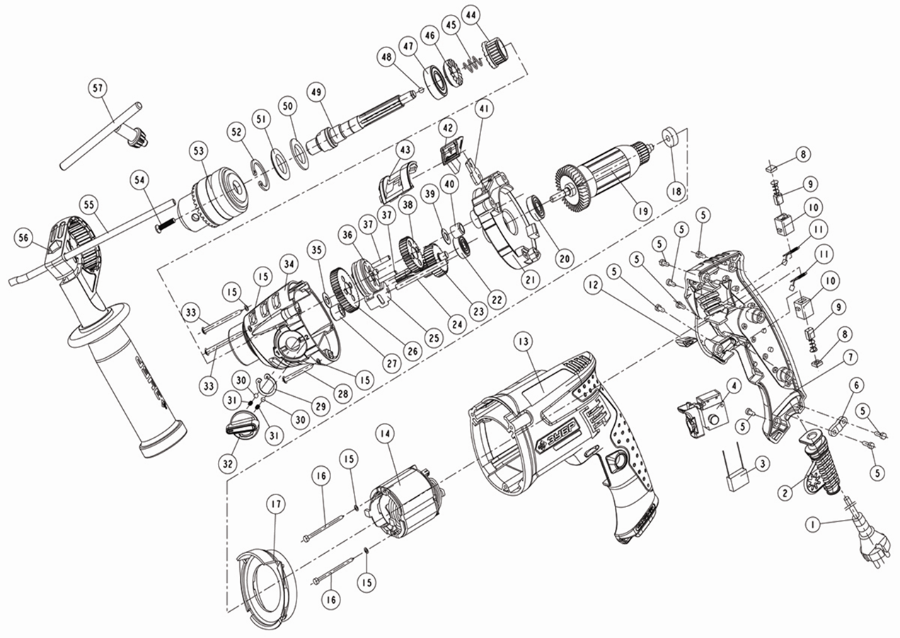 ЗУБР 1100 Вт, 13 мм, 2 скорости, ударная дрель, мет. корпус, Профессионал (ЗДУ-1100 ЭРММ2) - разборная схема